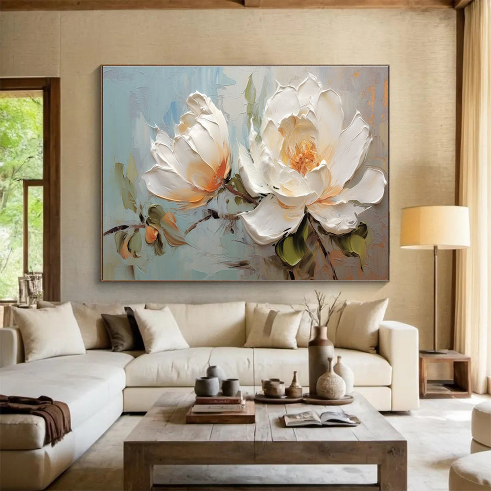 White Peony Abstract Painting for Sophisticated Bedrooms YHT174