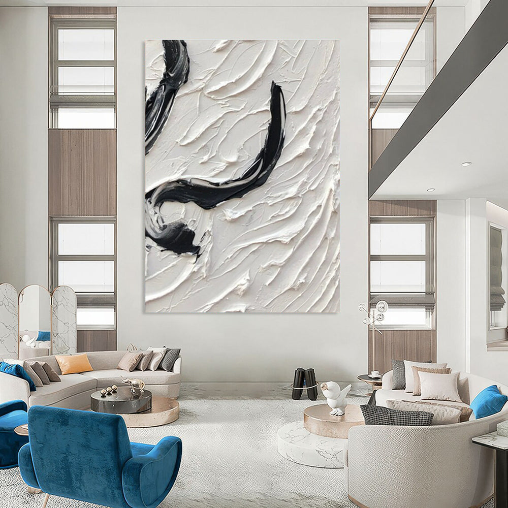 Black - White Textured Swirl Abstract Painting for Modern Living Spaces HENG400