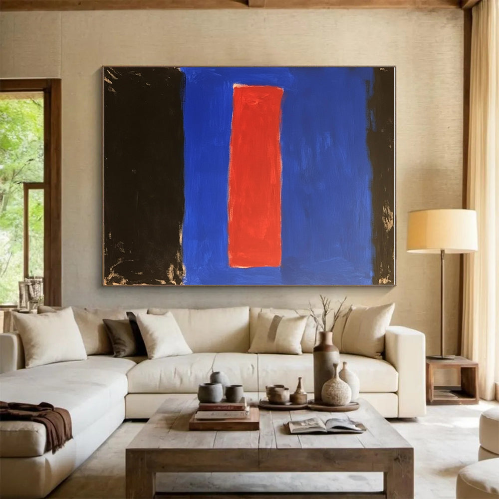 Blue with Red and Black Bands Abstract Painting with Bold Color Blocking WINK028