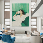 Woman with Coffee on Green Sofa Painting of Relaxed Comfort GAB0135