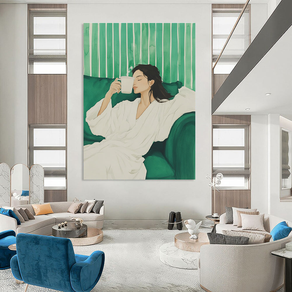 Woman with Coffee on Green Sofa Painting of Relaxed Comfort GAB0135