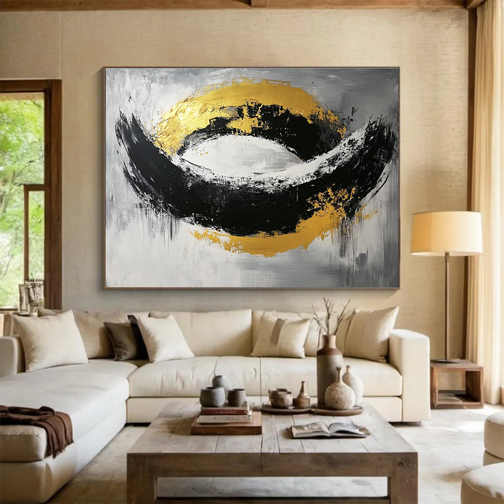 Black, White, and Gold Abstract Painting with Bold Shapes ABS296
