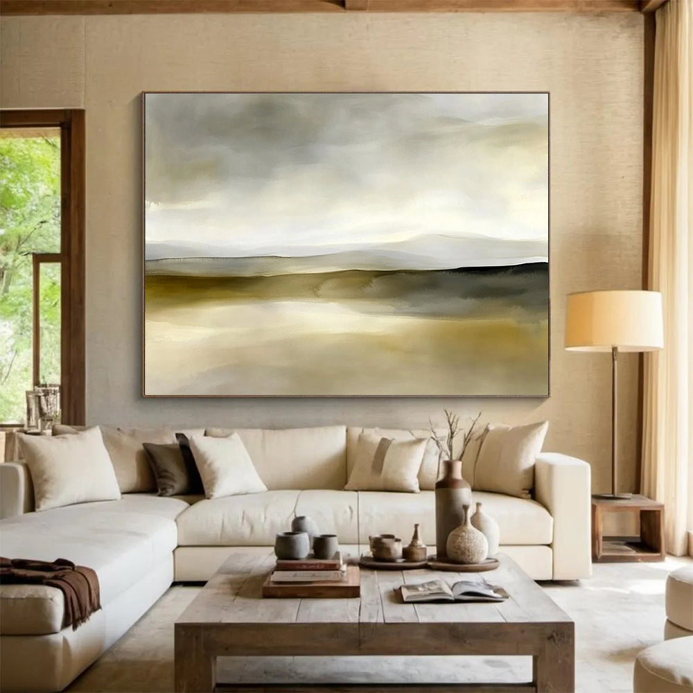 Neutral Tones Landscape Abstract Painting with Serene, Misty Ambiance ABS447
