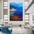Coastal Village with Mountains Abstract Painting for Italian - Inspired Villas HENG533