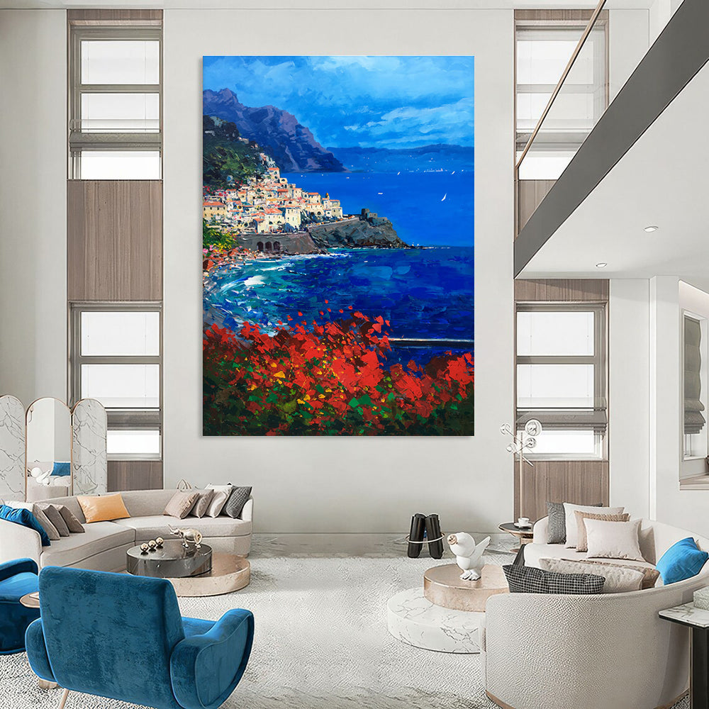 Coastal Village with Mountains Abstract Painting for Italian - Inspired Villas HENG533