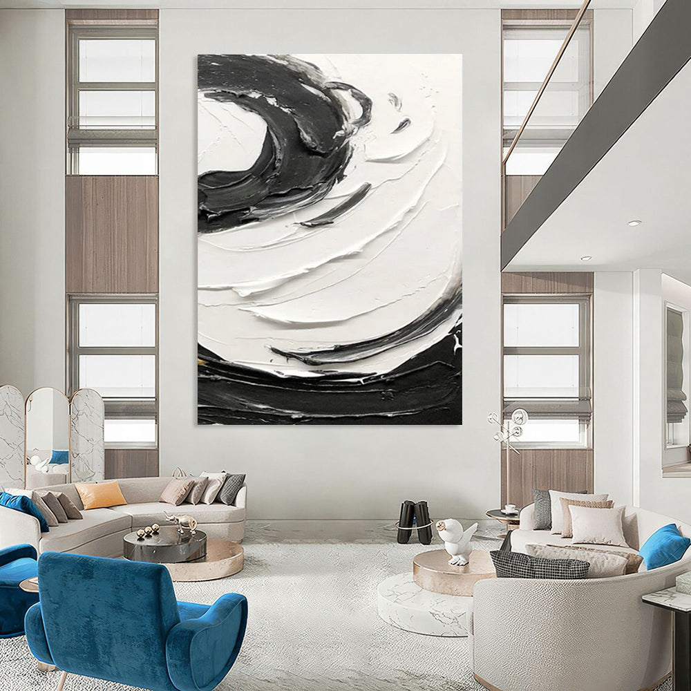 Black - White Swirl Textured Abstract Painting for Modern Living Rooms HENG380