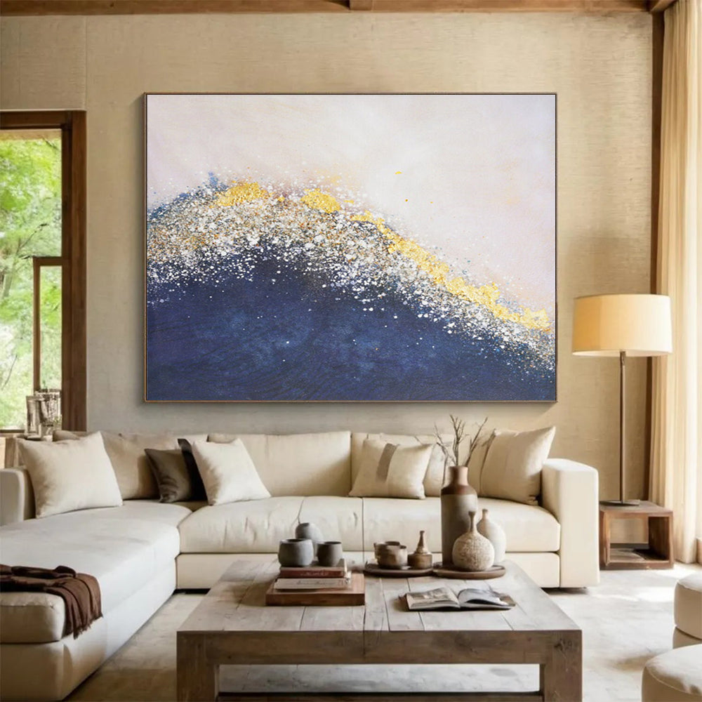 Golden Sparkle Wave Abstract Painting for Elegant Living Rooms YHT270