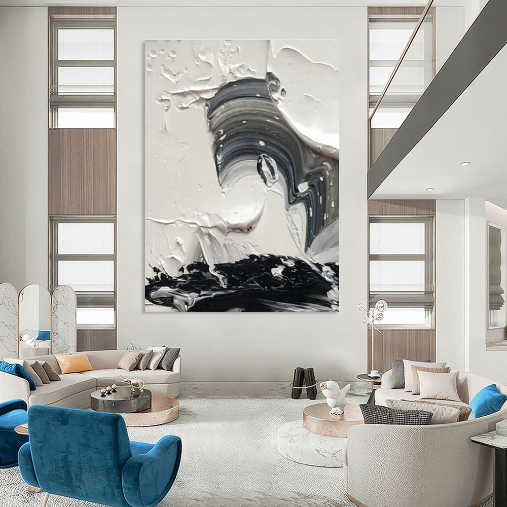 Black and White Swirl Abstract Painting for Dynamic Entryways HENG444