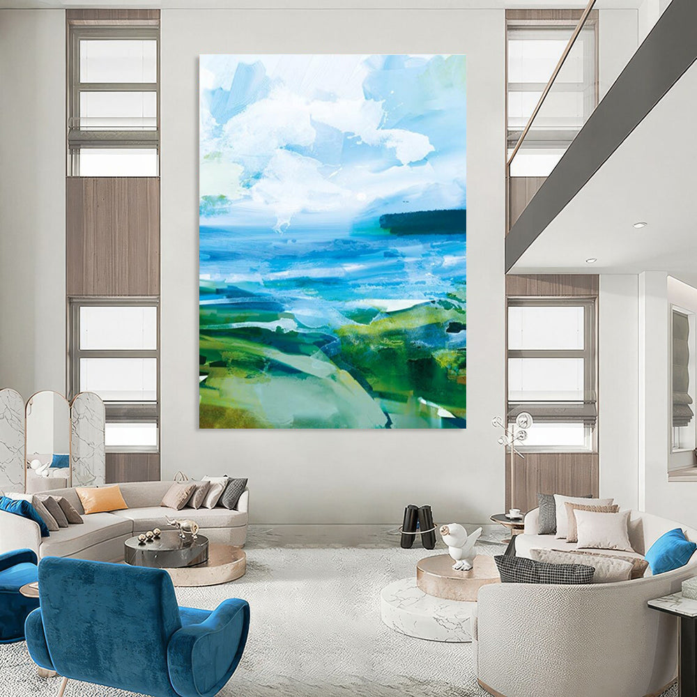 Vibrant Blue - Green Landscape Abstract Painting for Nature - Inspired Cafés HENG183