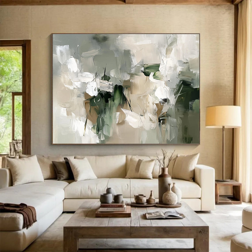Gray - Green Abstract Blooms Painting with Subtle, Elegant Florals ABS509
