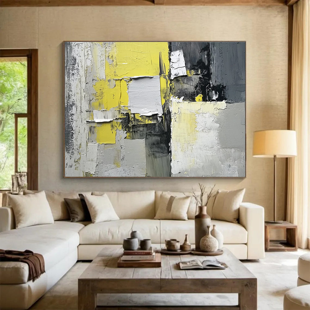Yellow, Gray and Black Collage Abstract Painting with Textured Layers ABS399