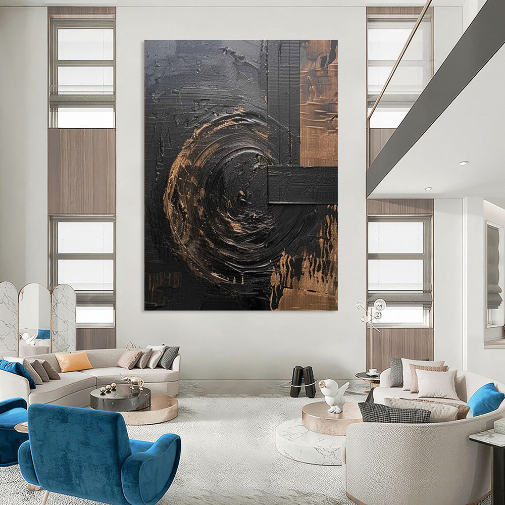 Black and Gold Textured Abstract Painting for Luxury Hotel Lobbies HENG502