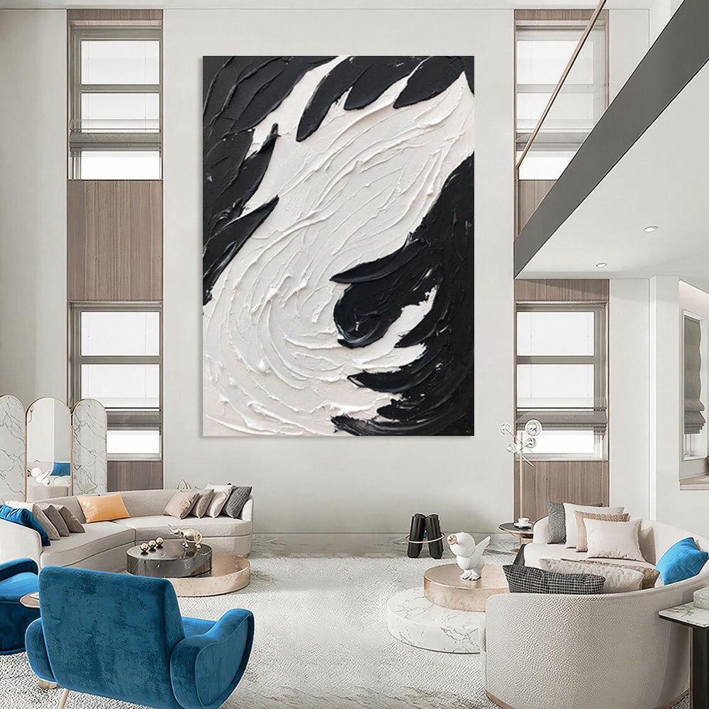 Black - White Swirl Textured Art Abstract Painting for Bold Interiors HENG398