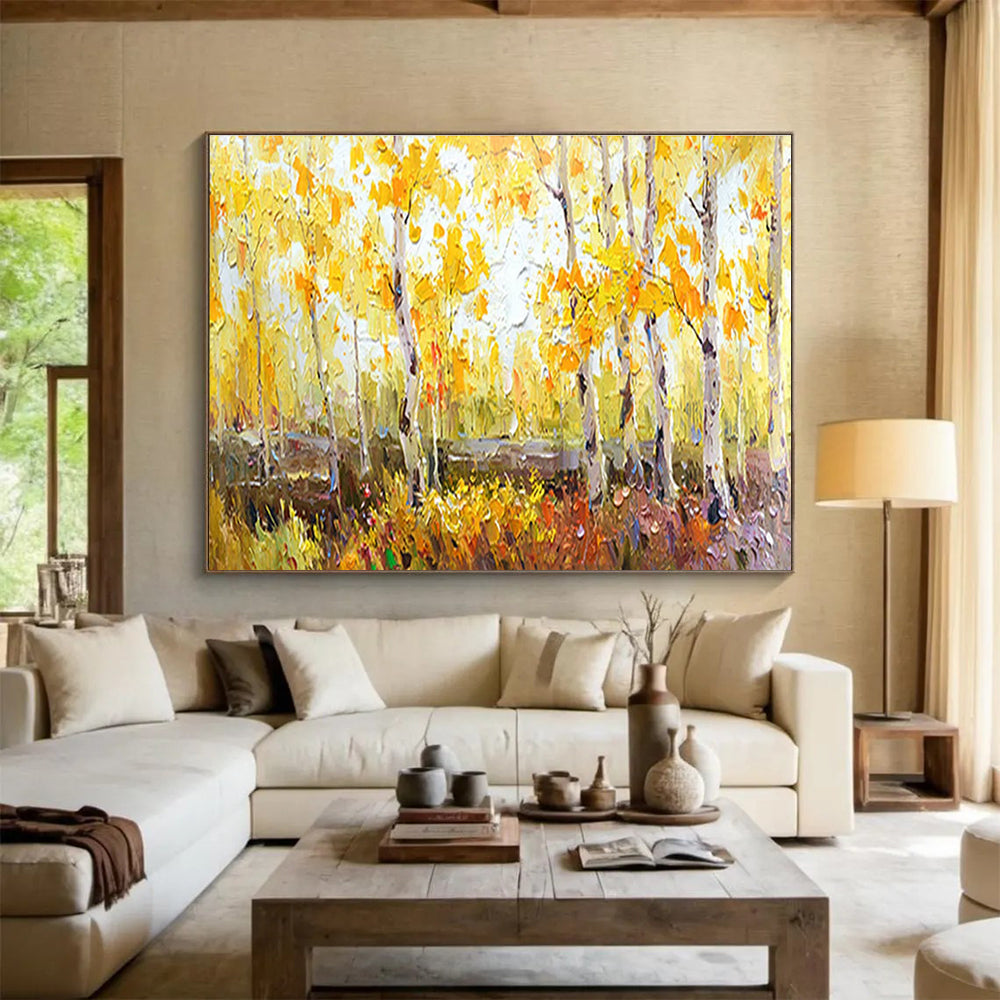 Autumn Birch Forest Abstract Painting for Cozy Cottage Interiors YHT212