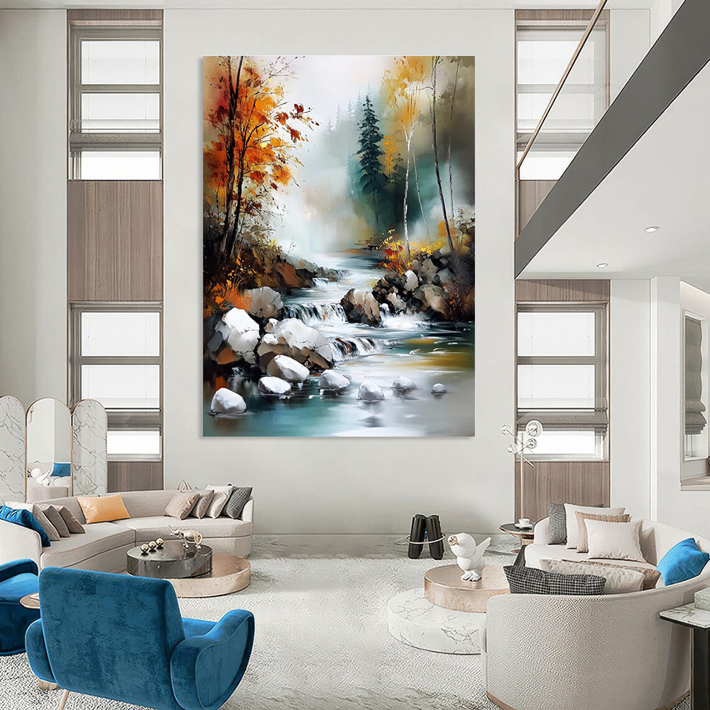 River in Autumn Forest Serene Landscape Abstract Painting GAB0326