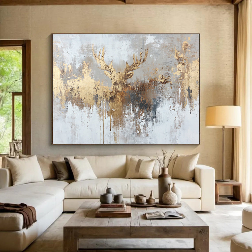Golden Deer Motif Abstract Painting on Gray Background ABS393