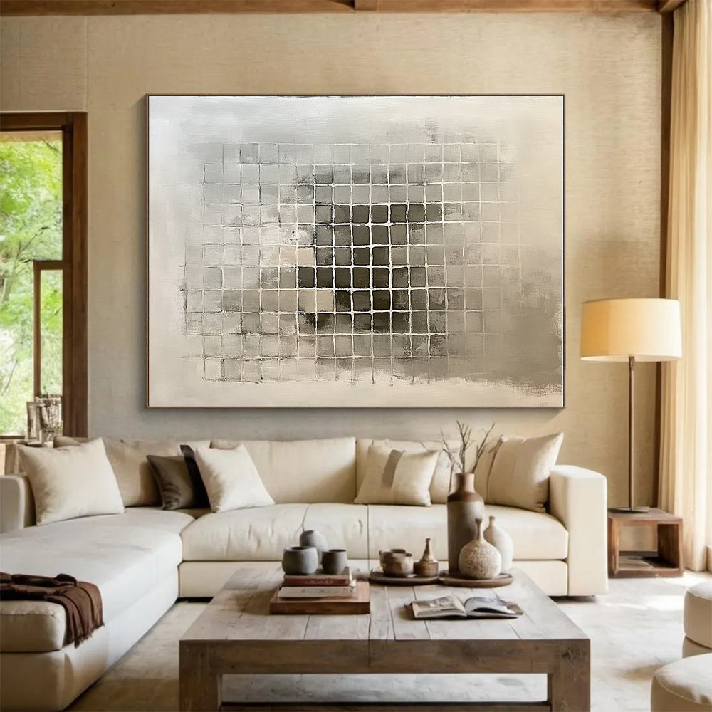 Grid - Patterned Gray Abstract Painting with Structured Calm WINK227