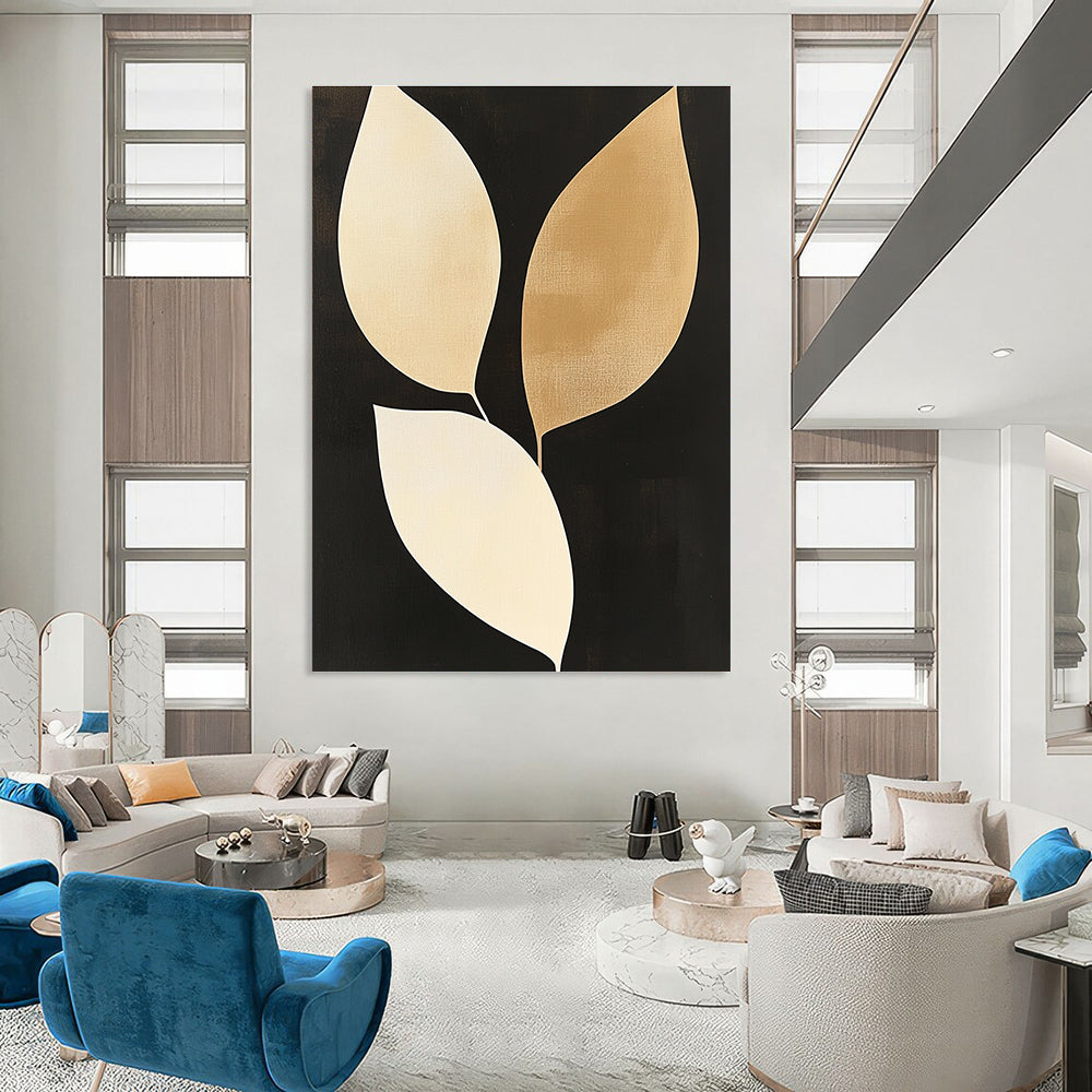 Gold and Beige Leaves Sophisticated Botanical Abstract Painting GAB0295