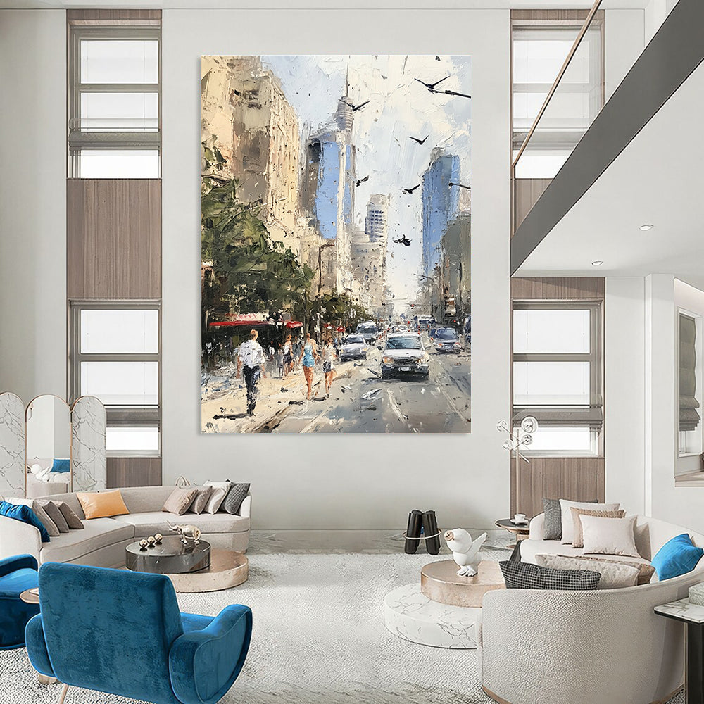 Busy Urban Sidewalk Dynamic Cityscape Abstract Painting GAB0285