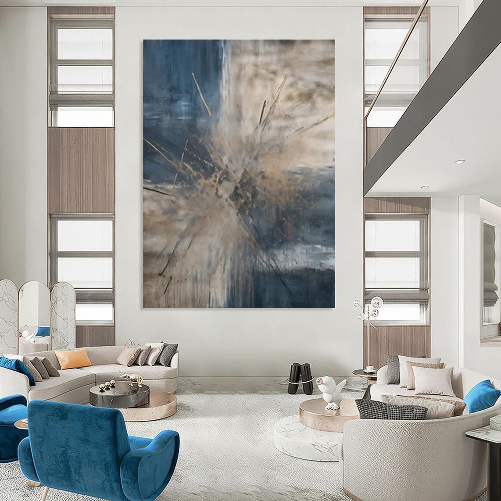 Blue - Gray - Brown Abstract Burst Painting for Contemporary Art Galleries HENG119