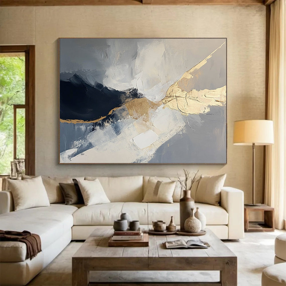 Black, White, and Gold Dynamic Abstract Painting ABS299