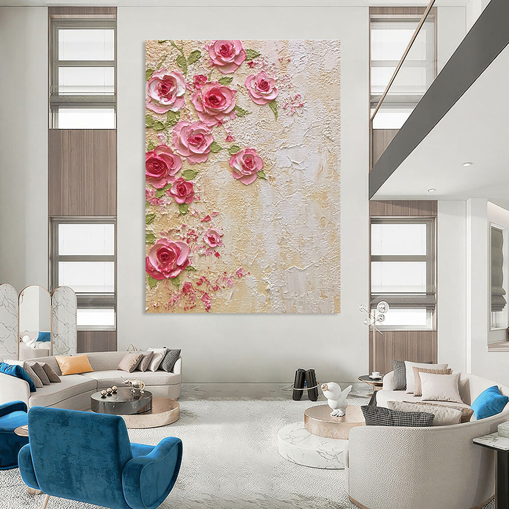 Pink Roses on Textured Wall Abstract Painting with 3D Effect GAB0051