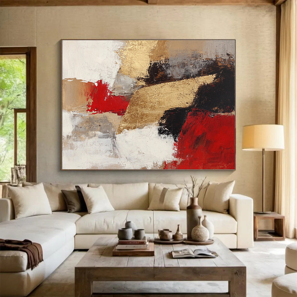 Gold Red Abstract Fusion Painting with Bold Textured Contrasts ABS539