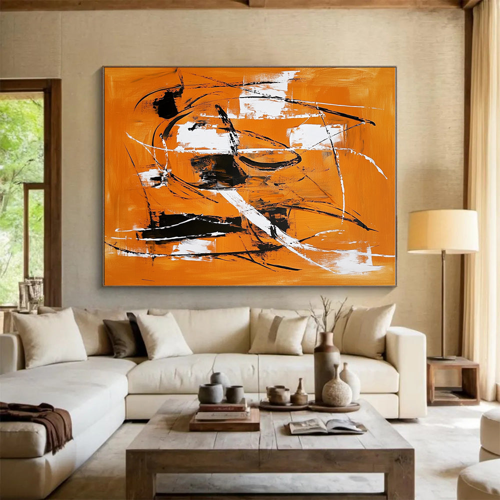 Orange Black White Abstract Painting with Dynamic Lines WINK659