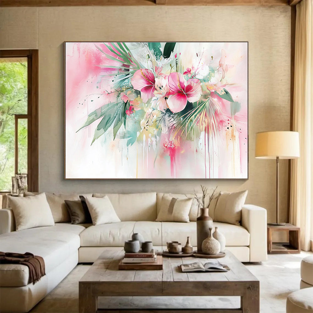 Pink Floral Watercolor Abstract Painting with Lively, Dripping Blooms ABS449