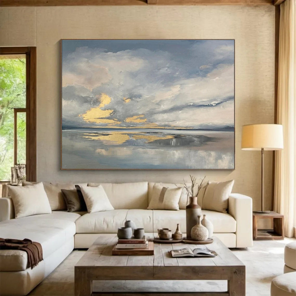 Cloudy Sea Reflection Abstract Painting for Tranquil Bedroom Retreats YHT255