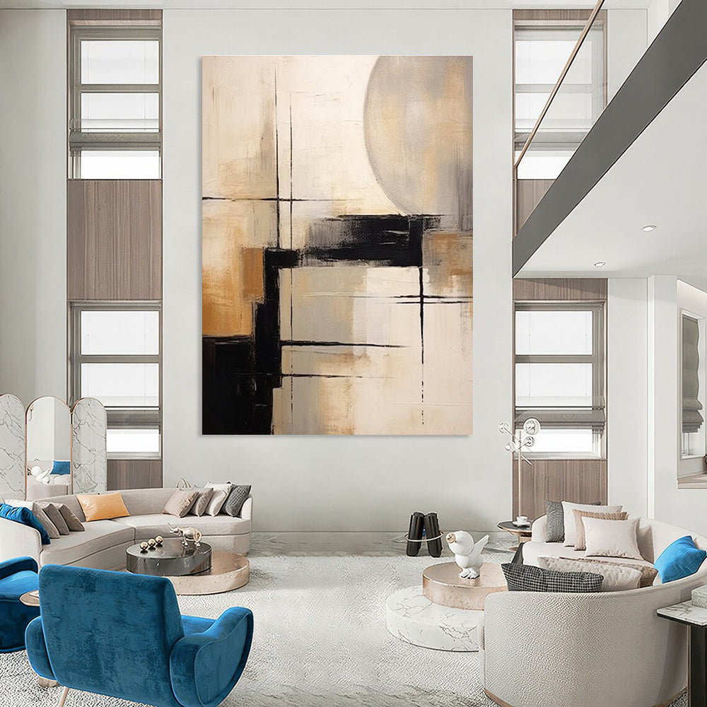 Geometric Abstract in Neutral Tones Abstract Painting for Sophisticated Dining Areas HENG356