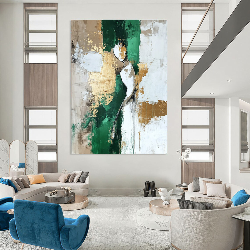 Abstract Figure Painting with Green and Gold Accents GAB0675