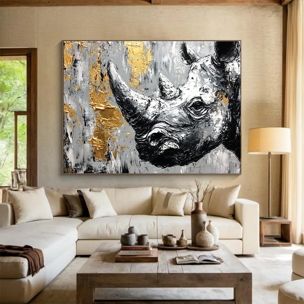 Rhino with Gold Accents and Textured Surface Abstract Painting ABS327