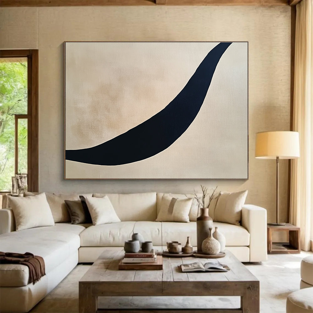 Curved Black Line on Beige Abstract Painting ABS584