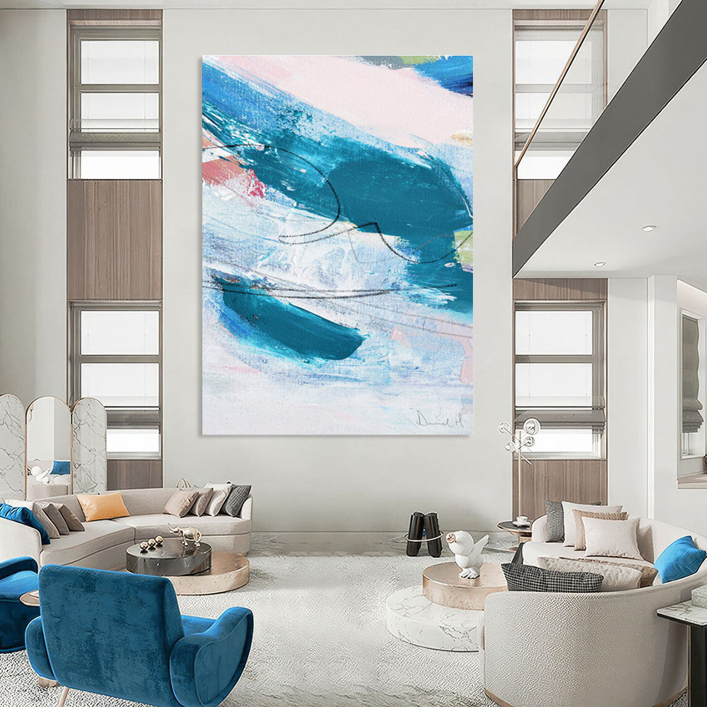 Blue - Teal Abstract with Curves Painting for Coastal - Inspired Spaces HENG151
