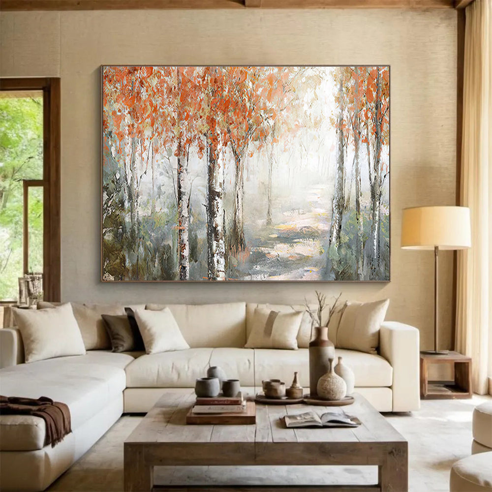 Autumn Birch Forest Abstract Painting for Cozy Reading Nooks YHT222