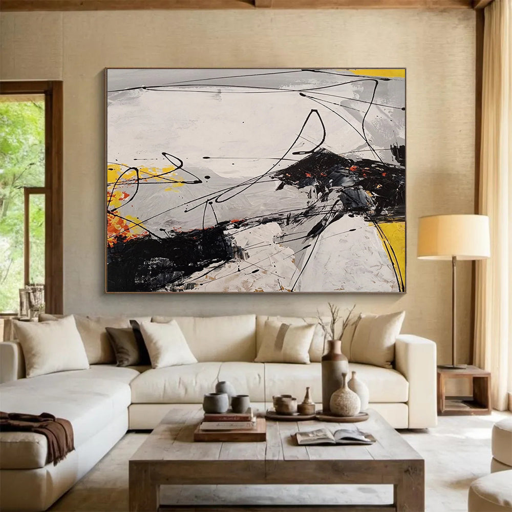 Dynamic Black - White - Yellow Abstract Energetic Painting for Bold Interiors YHT029