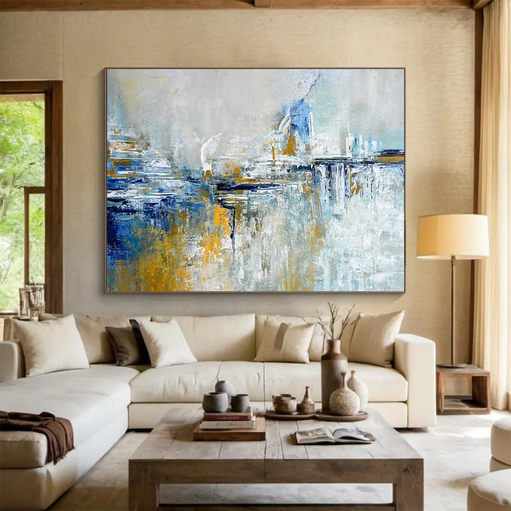 Blue and Gold Abstract Cityscape Painting for Upscale Urban Residences YHT347