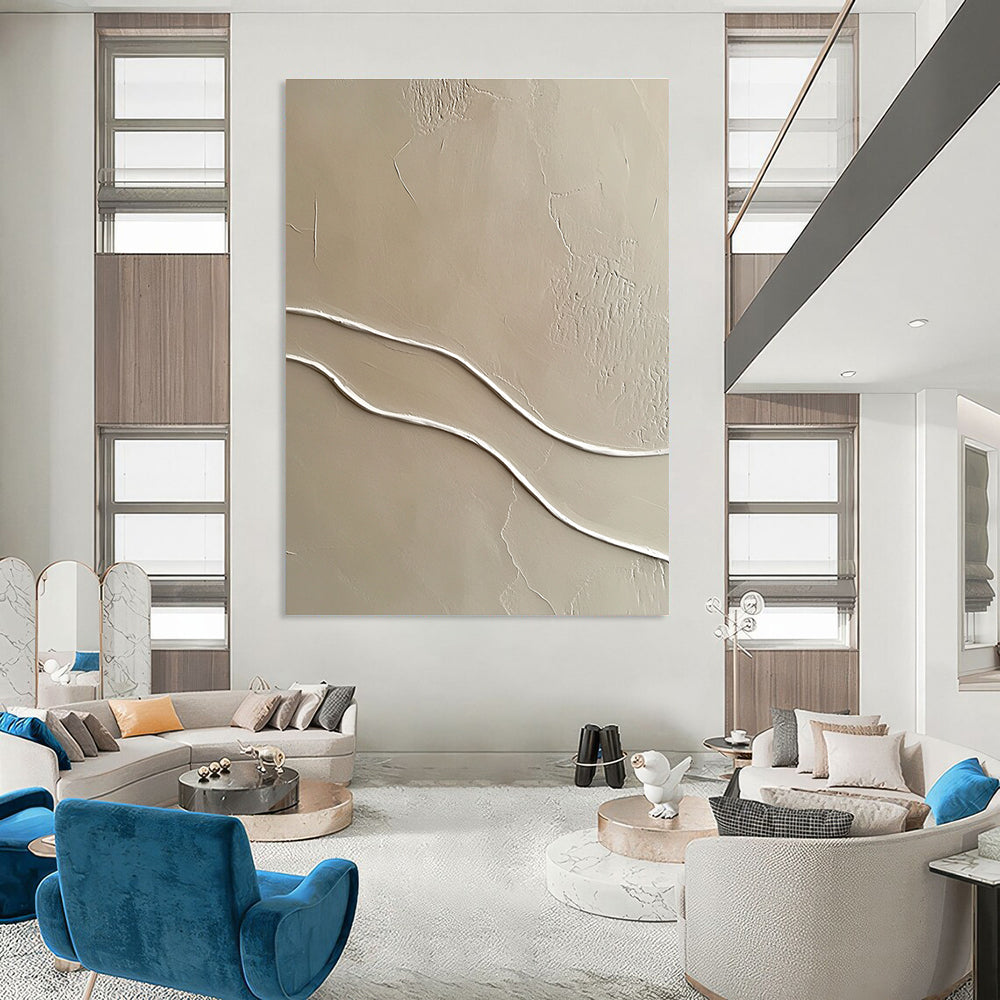 Beige with White Curved Lines Abstract Painting with Subtle Textures GAB0065