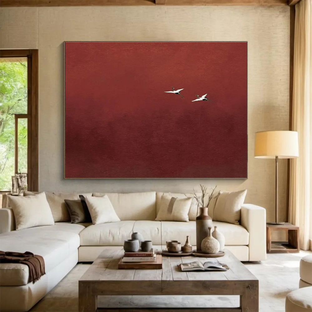 Red - Crane Abstract Painting for Serene Asian - Inspired Spas YHT389