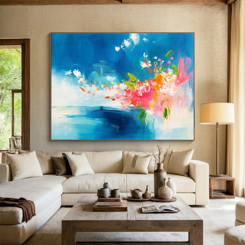 Blue Sky and Colorful Flowers Abstract Painting with Expressive Brushwork ABS394