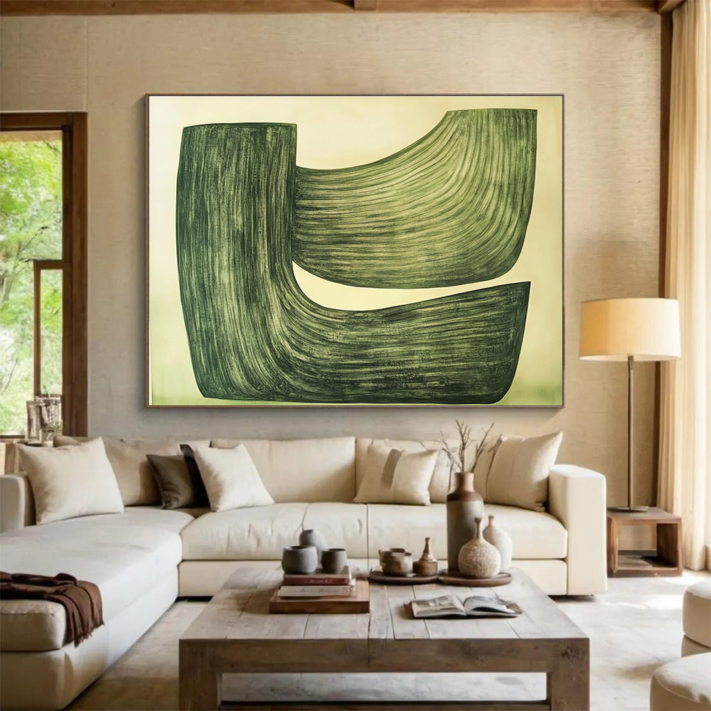 Green Curved Shapes Abstract Painting with Subtle Movement ABS611