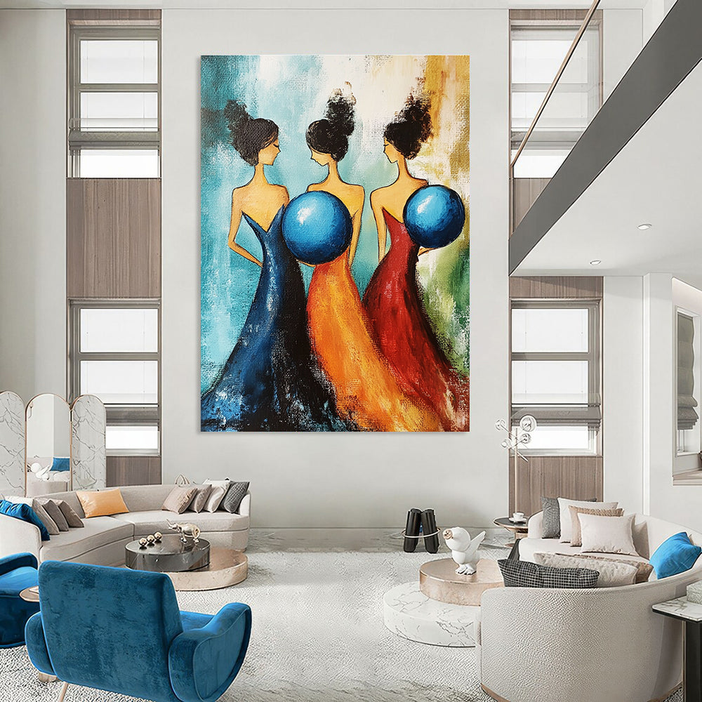 Three Women with Blue Spheres - Whimsical Figurative Abstract Art GAB0431