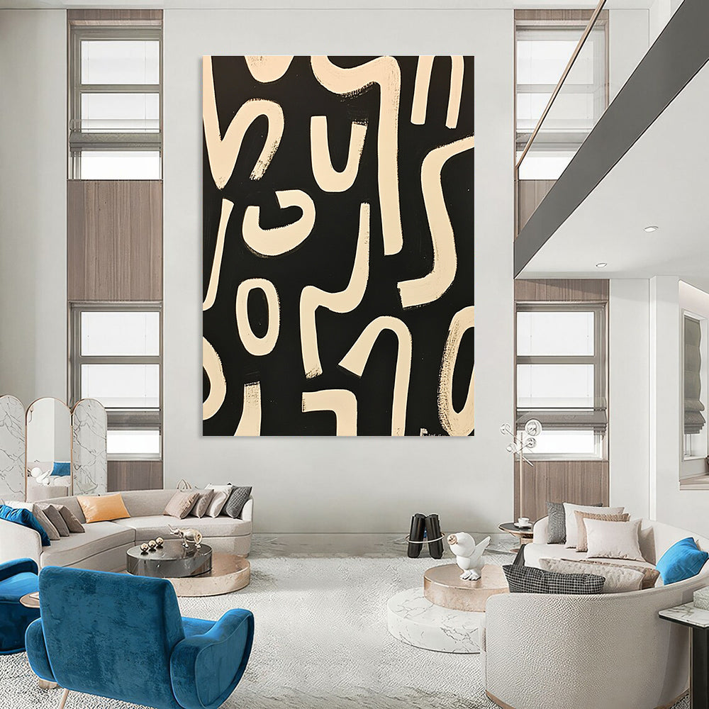 Black and White Curved Lines Dynamic Abstract Painting GAB0370