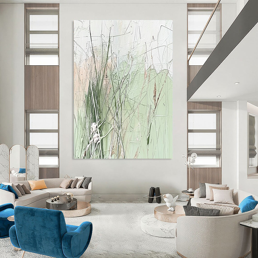 Green and Beige Grass - like Abstract Painting with Wispy Forms GAB0062