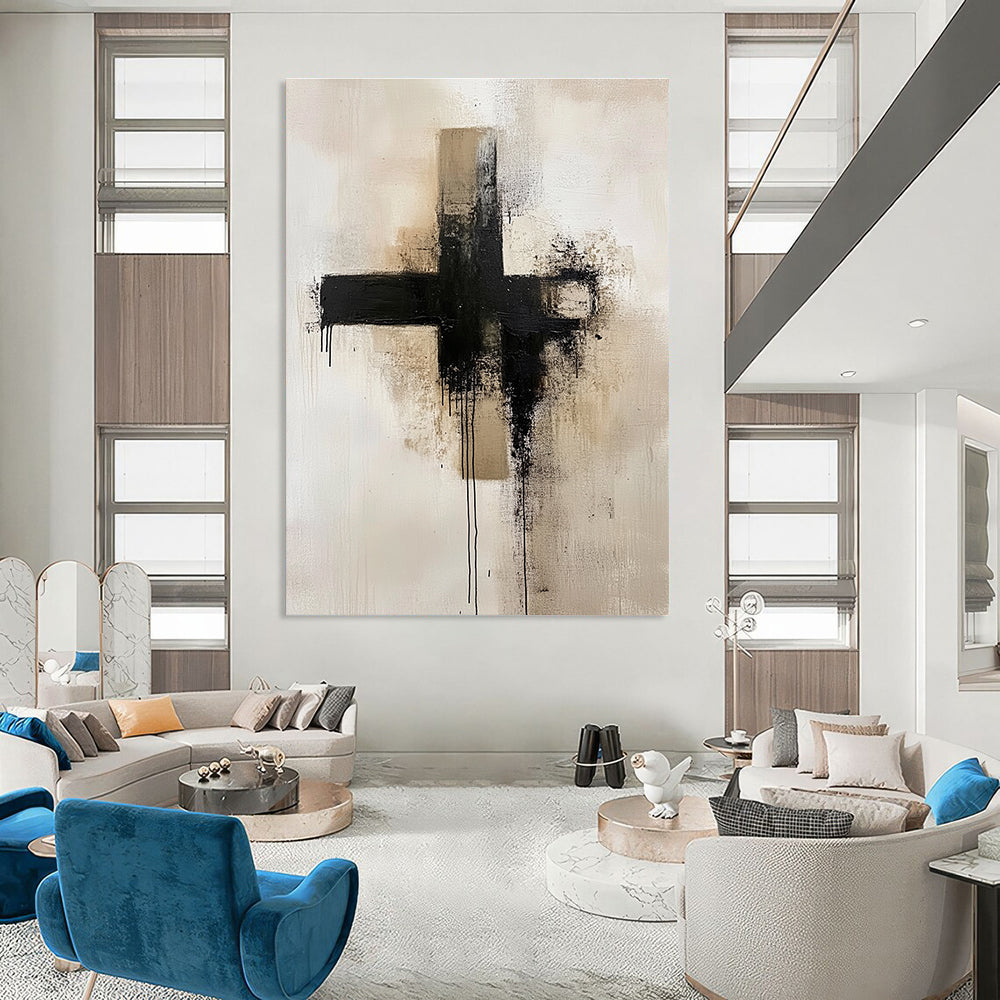 Dripping Black Cross Abstract Painting for Contemporary Art Galleries GAB1102