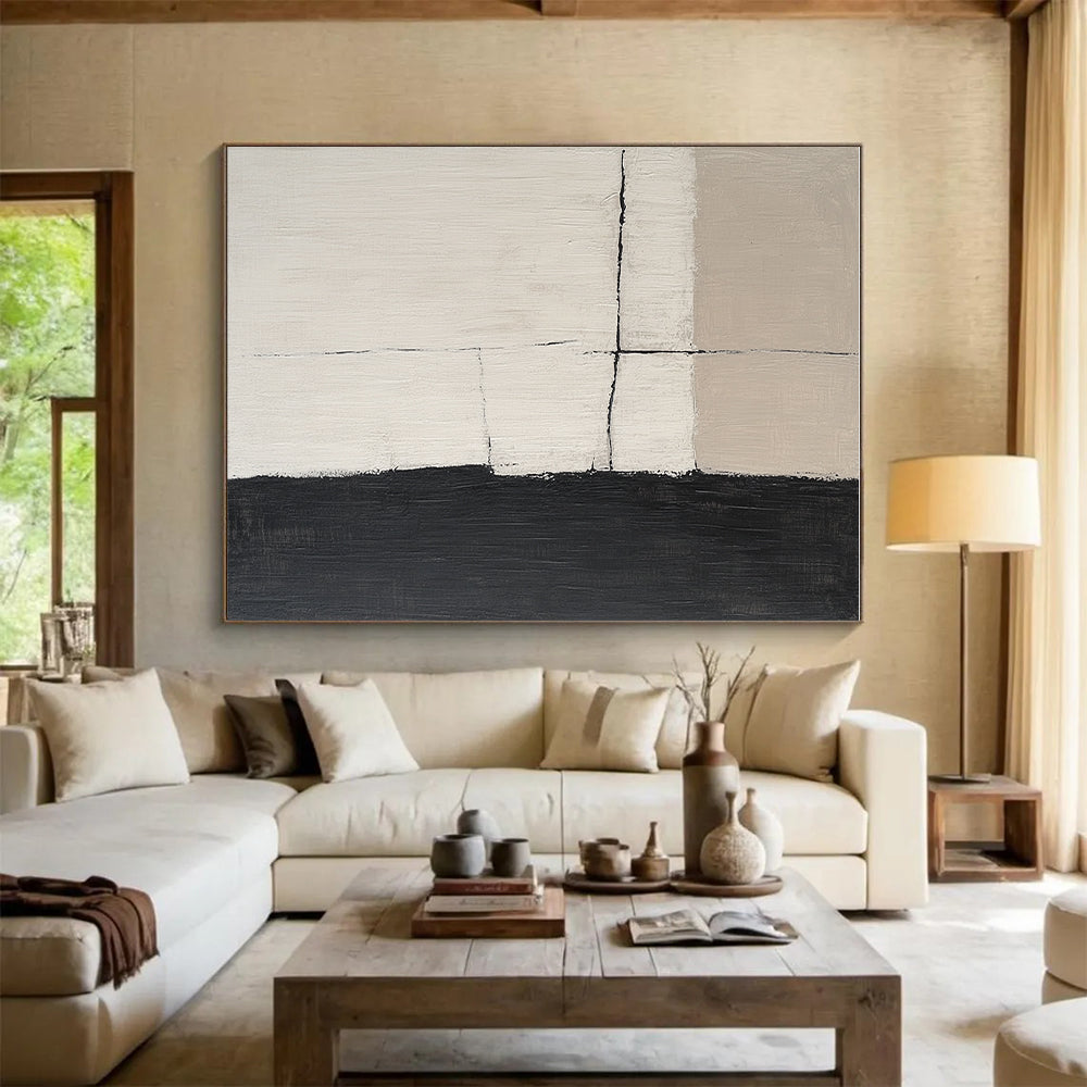 Beige and Black Grid Abstract Painting with Textured Surfaces WINK847