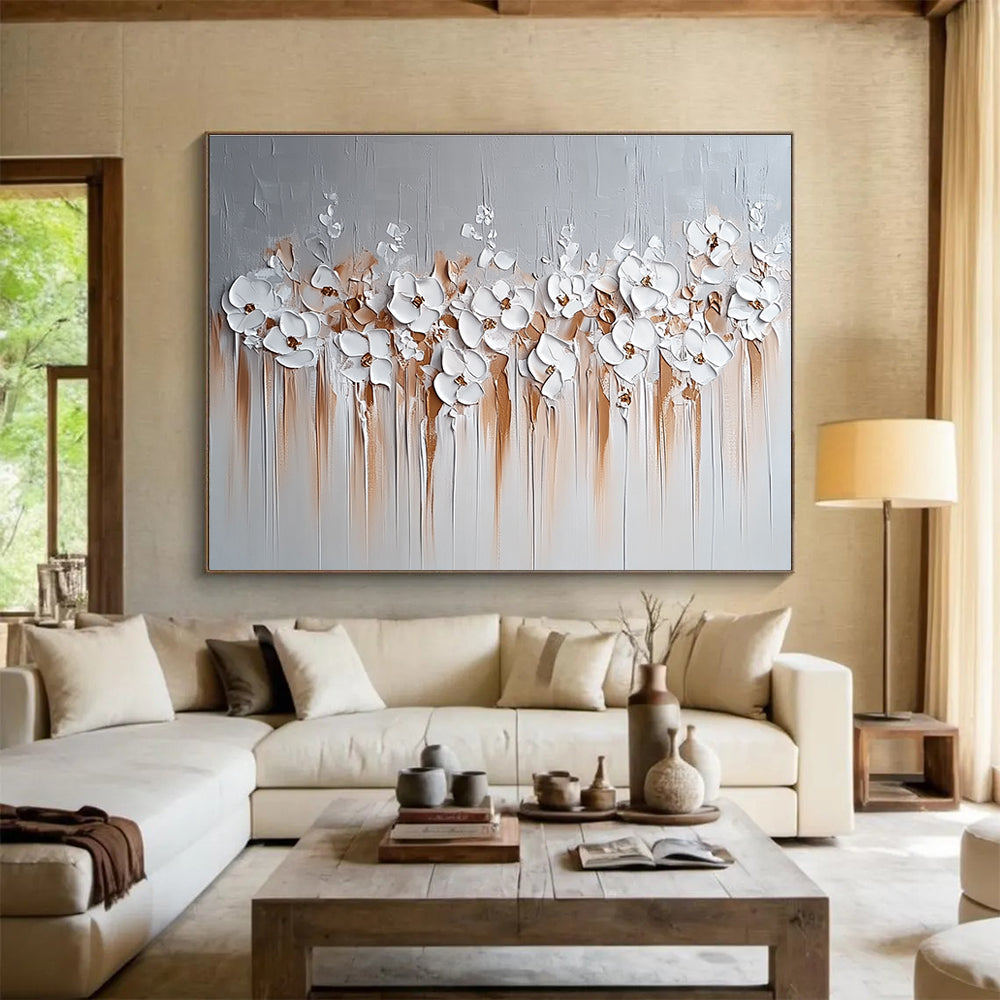 White Flowers and Brown Drips Abstract Painting with 3D Textural Beauty ABS452