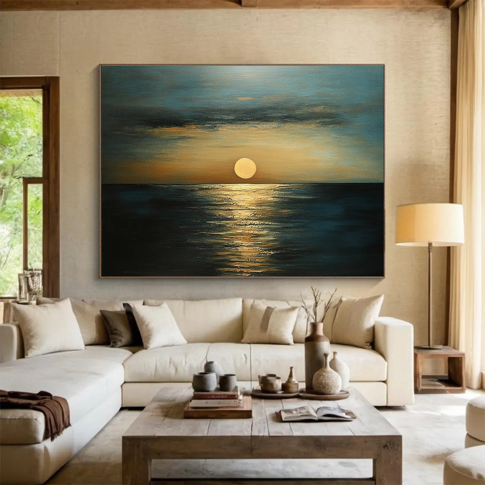 Golden Sunset Over Ocean Abstract Painting with Serene Ambiance ABS571