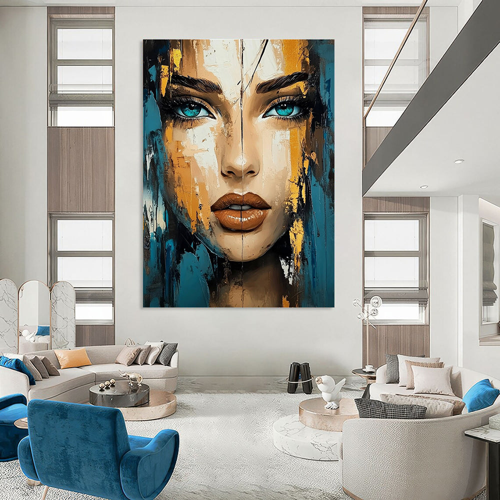 Blue - Gold Contrast Portrait Abstract Painting: Expressive Textures & Personality GAB0951
